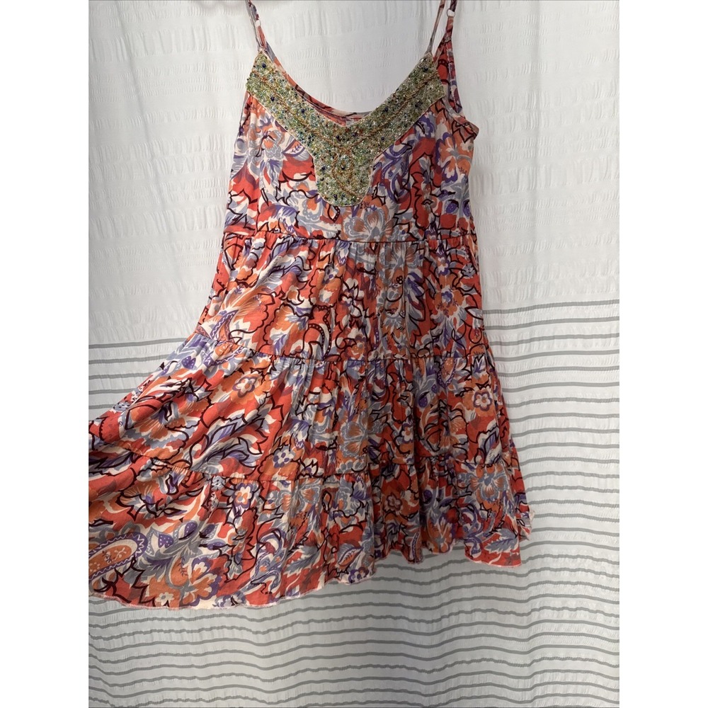 Free People Dress Beaded Small Paisley Tiered Fairy Bohemian Sundress cottage‎